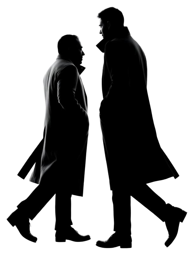 Two coated men in side profile walking apart