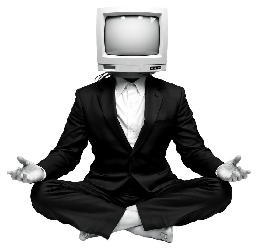 Suited figure meditating with a CRT monitor for a head